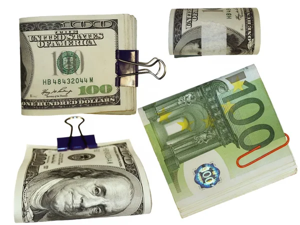 Zusammenstellung von Packungen zu 100 Dollar und Euro isoliert auf weißem Hintergrund — Stockfoto