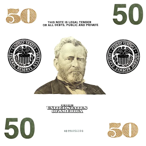 Szczegóły 50 $ banknotów na białym tle — Zdjęcie stockowe