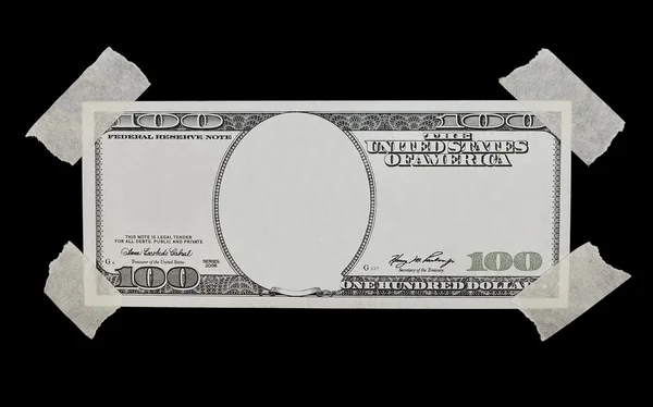 100 dolarów dollar bill i taśmy klejącej na białym tle na czarnym tle, tekstura — Zdjęcie stockowe