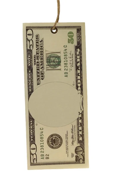 Billete en blanco de 50 $cincuenta dólares y etiqueta atada aislada sobre fondo blanco — Foto de Stock