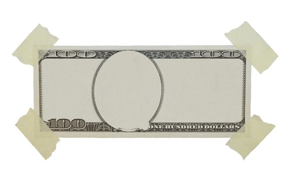100$ dollar bill and adhesive tape isolated on white background, texture