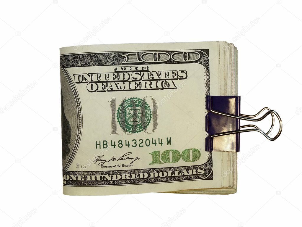 Pack $100 dollar bills and paper clip isolate on white background