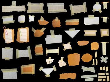 Set paper scraps,cardboard, newspaper and masking tape isolated on black clipart