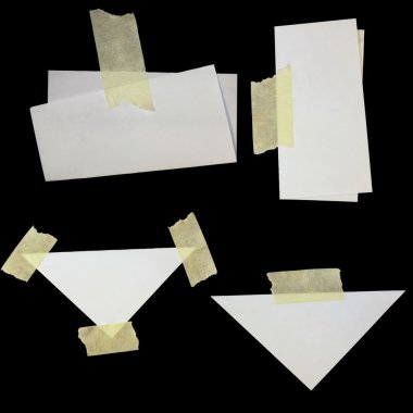 Set old paper scraps and masking tape isolated on black background clipart