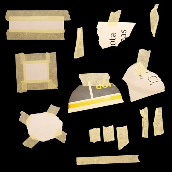 Set paper scraps, newspaper and masking tape isolated on black background — Stock Photo, Image