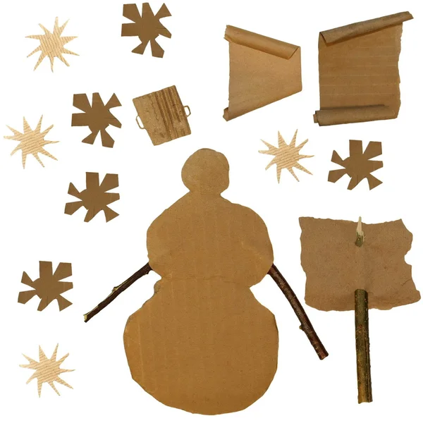 Set Raspones de cartón, muñeco de nieve y copos de nieve aislados sobre fondo blanco — Foto de Stock