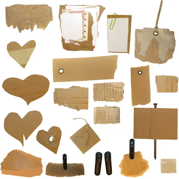 Set Cardboard Scraps, tag em branco, notas de papel, isolado no fundo branco — Fotografia de Stock