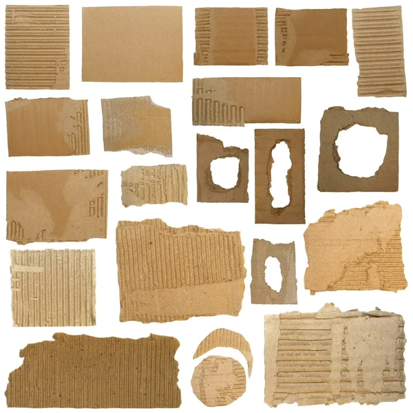 Set Cardboard Scraps e Buraco rasgado de papelão isolado no fundo branco — Fotografia de Stock