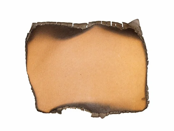 Velho cartão marrom queimando isolado no fundo branco — Fotografia de Stock