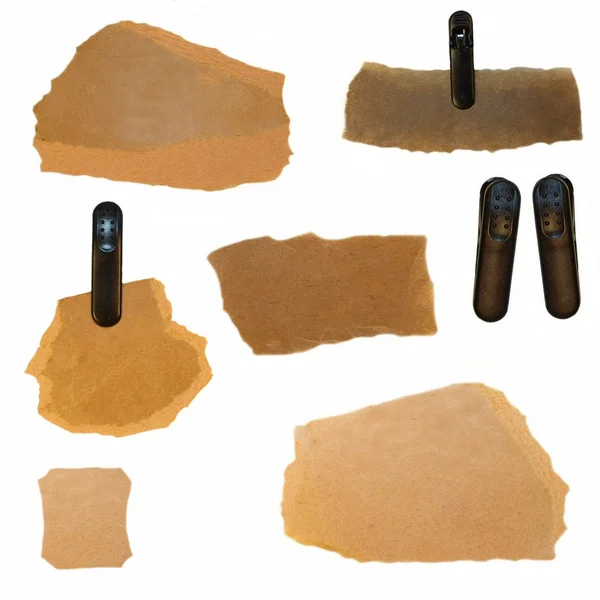 Set old Cardboard Scraps and plastic clamp — Stock Photo, Image