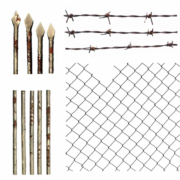 Set metal wire fence protection isolated on white — Stock Photo, Image