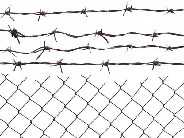 Metal barbed wire fence protection isolated on white for background texture — Stock Photo, Image
