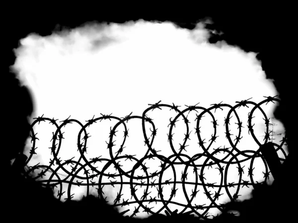 Dikenli tel çit ve sis siyah arka plan ile savaş sahneleri — Stok fotoğraf