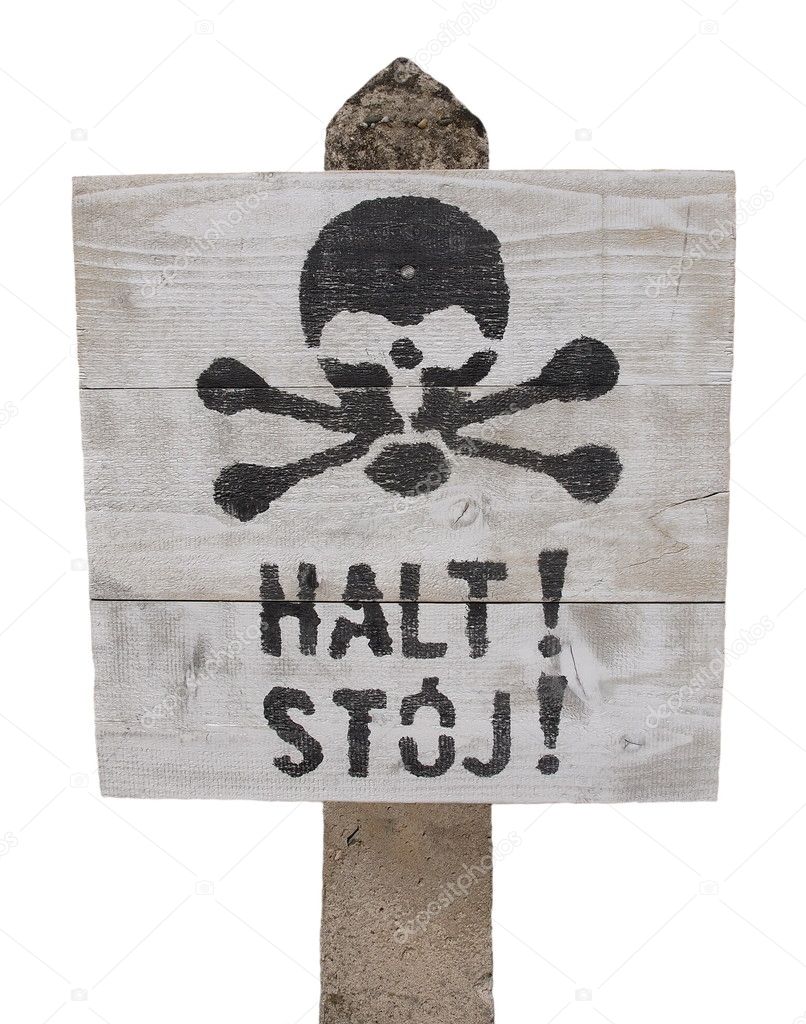 Warning sign stop in Auschwitz, isolated on white background, texture