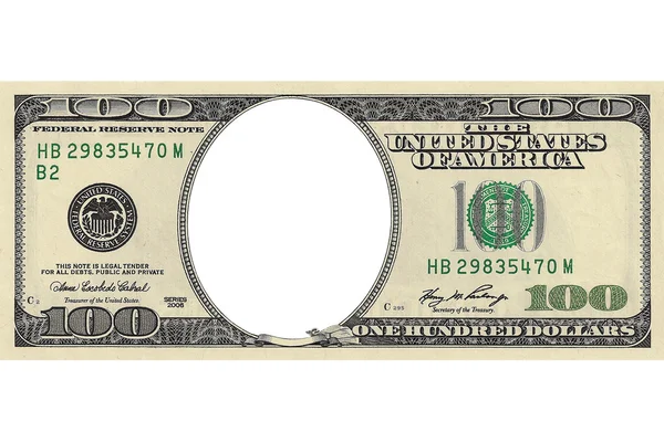 Nota de cem dólares com um buraco em vez de uma cara — Fotografia de Stock