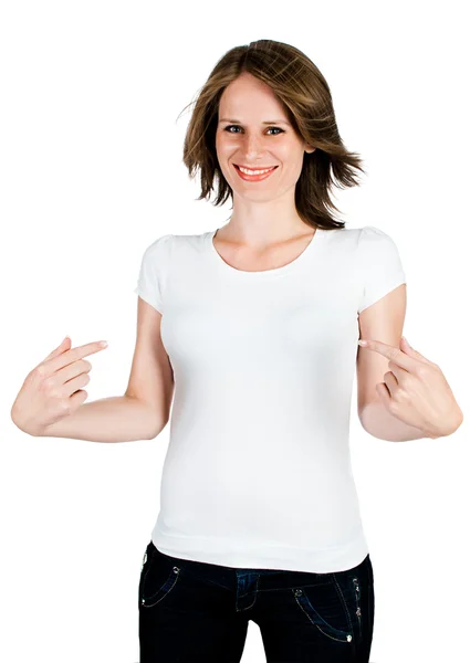 Woman showing a finger at himself — Stock Photo, Image