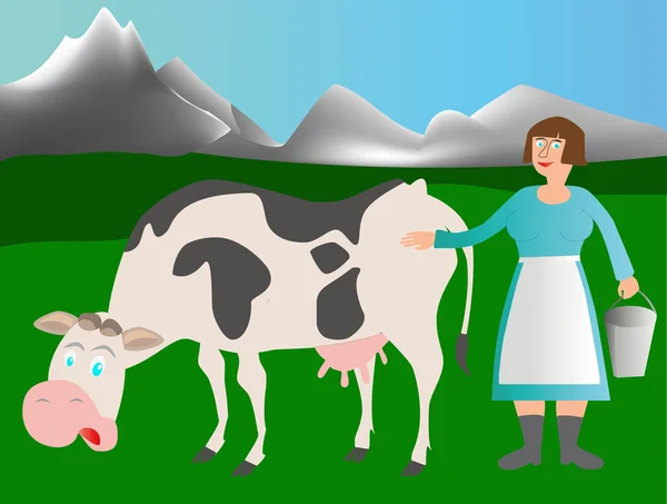 Adult cow and milkmaid — Stock Vector