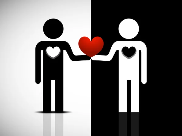 Duas figuras em preto e branco do homem segurando coração vermelho — Vetor de Stock