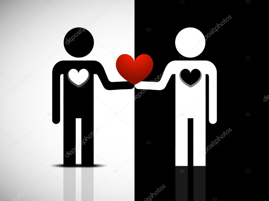 Two black and white figure of man holding red heart