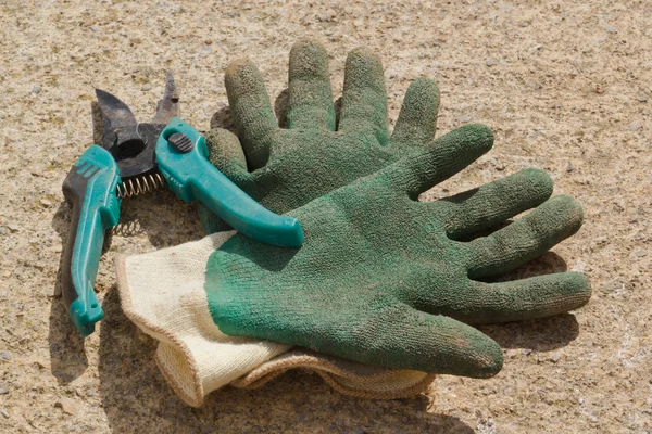 Zahradník rukavice a nůžky — Stock fotografie