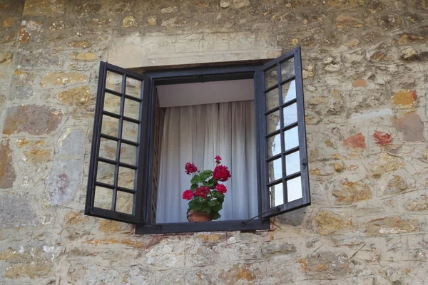 Fenêtre typique d'un village avec des fleurs — Photo