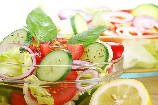 Composição com tigela de salada vegetal e ingredientes de salada — Fotografia de Stock