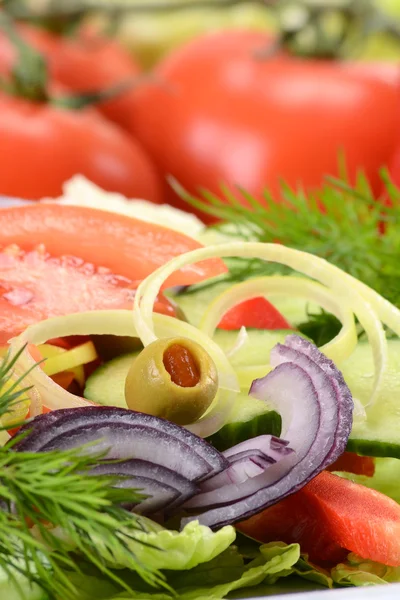 Sammensetning av vegetabilsk salat med oliven – stockfoto