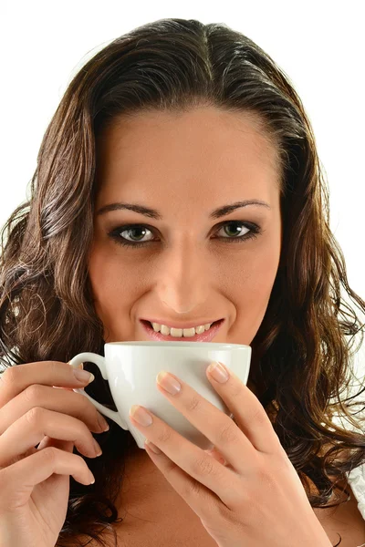 Portrait of young woman with cup of coffee on white Royalty Free Stock Photos