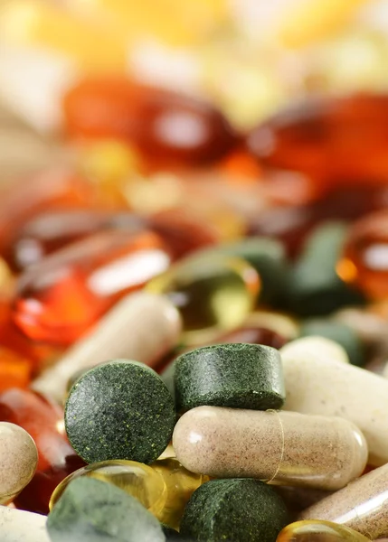 Composition with dietary supplement capsules and tablets. Spirul — Stock Photo, Image