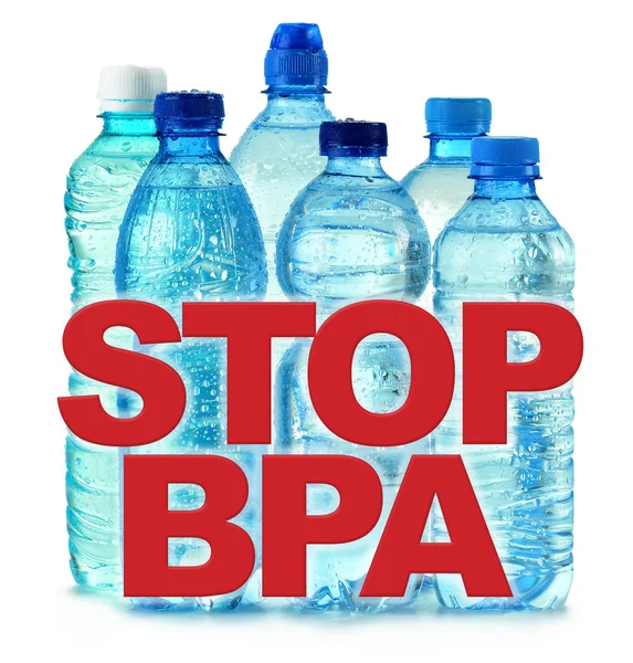 stock image Anti bisphenol A (BPA) sign with plastic bottles of mineral water