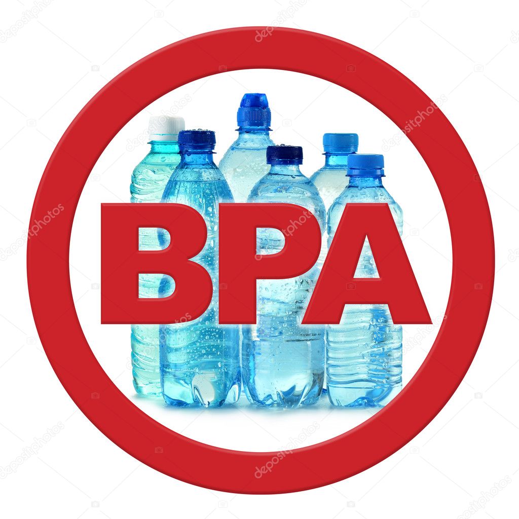 Anti bisphenol A (BPA) sign with plastic bottles of mineral water