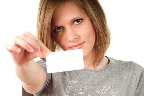 stock image Young girl holding a placard on white