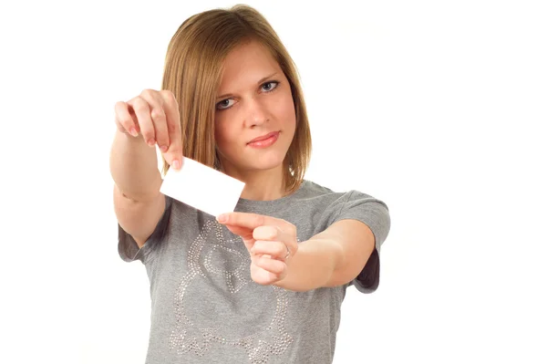 Young girl holding a placard on white — Stock Photo, Image
