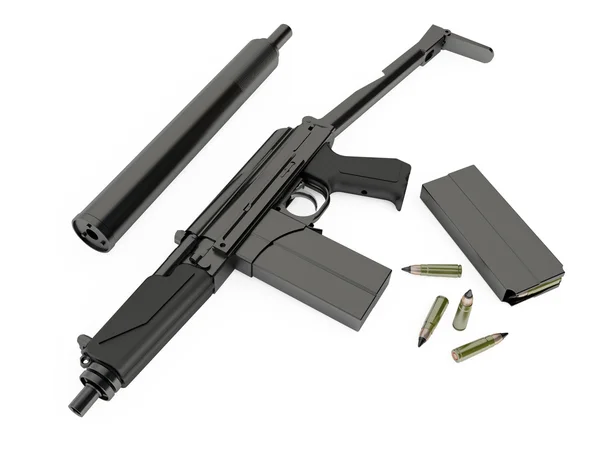 Kompakte Maschinenpistole 9a91 mit Schalldämpfer auf weißem Hintergrund — Stockfoto