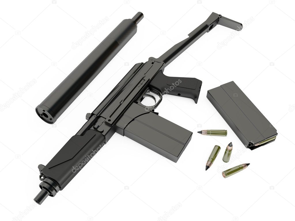 Compact submachine-gun 9a91 with silenced on white background