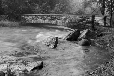 Creek and Bridge in black and white clipart