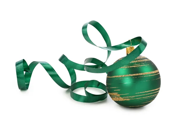 Green christmas ball with a curly ribbon — Stock Photo, Image