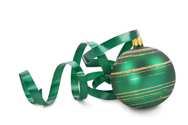 Green christmas ball with a curly ribbon — Stock Photo, Image