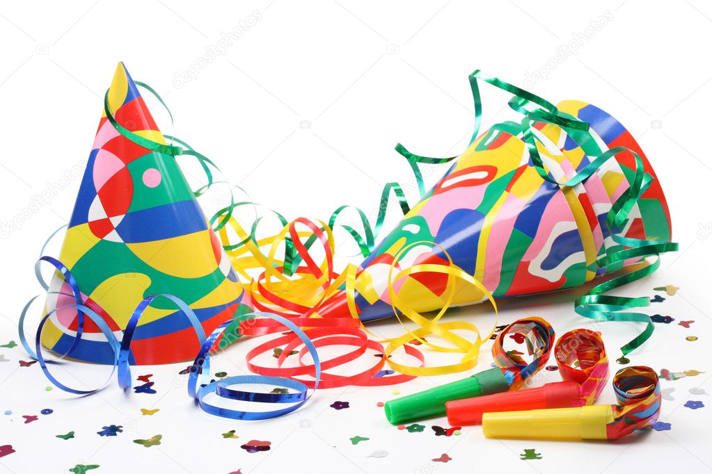 Party hats, paper streamer and whistles