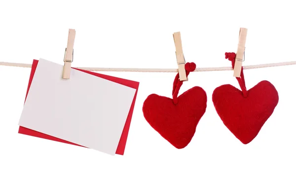 Dois corações e cartão em branco — Fotografia de Stock