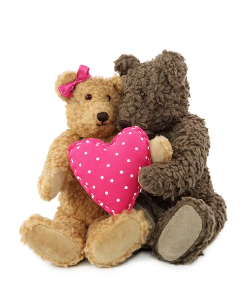 Two teddy bears with pink heart — Stock Photo, Image