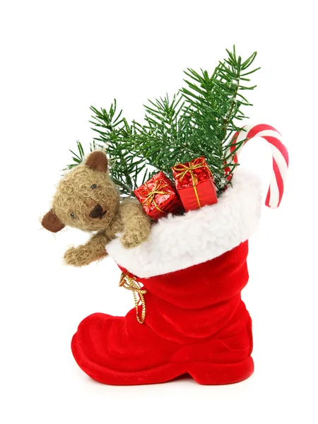 Červená vánoční bota s dárkové krabičky a Medvídek — Stock fotografie