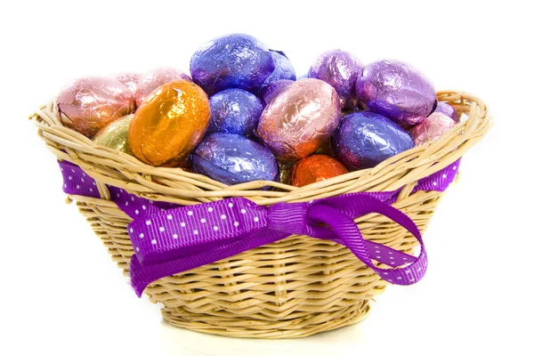 Basket with chocolate eggs — Stock Photo, Image