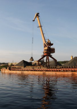 Port bulk crane and barge clipart