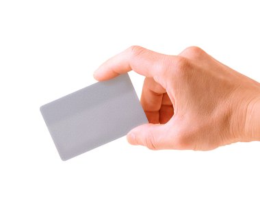 beyaz izole bir banka kartı ile el