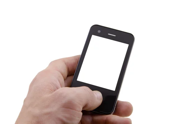 Telefone celular na mão esquerda com uma tela em branco — Fotografia de Stock