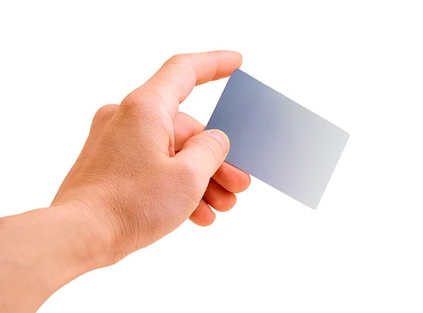 Χέρι με μια χρεωστική κάρτα που απομονώνονται σε λευκό — Φωτογραφία Αρχείου