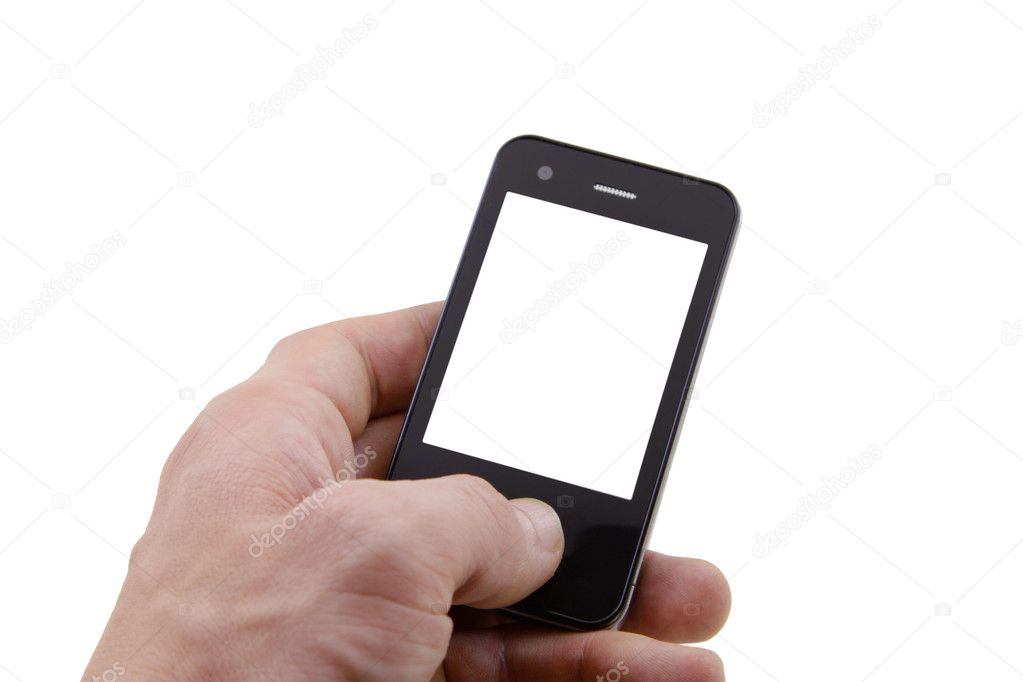 Mobile phone in left hand with a blank screen