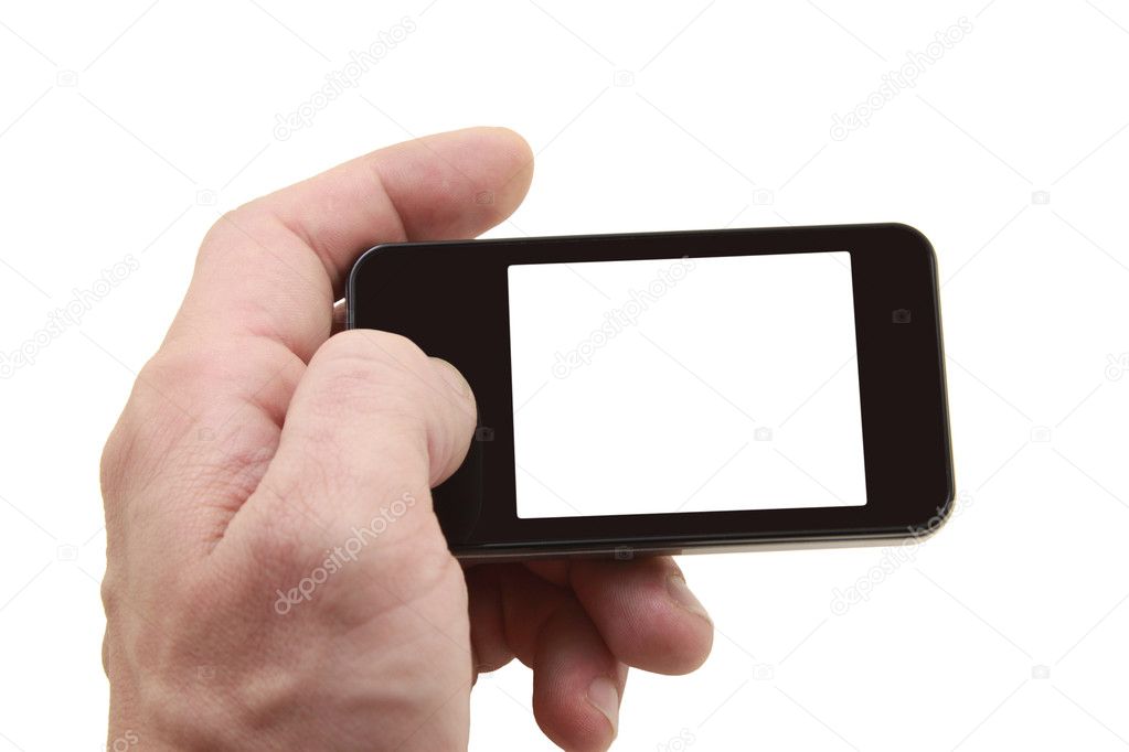 Mobile phone in left hand with a blank screen