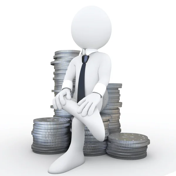 3D human sitting on a pile of coins — Stock Photo, Image